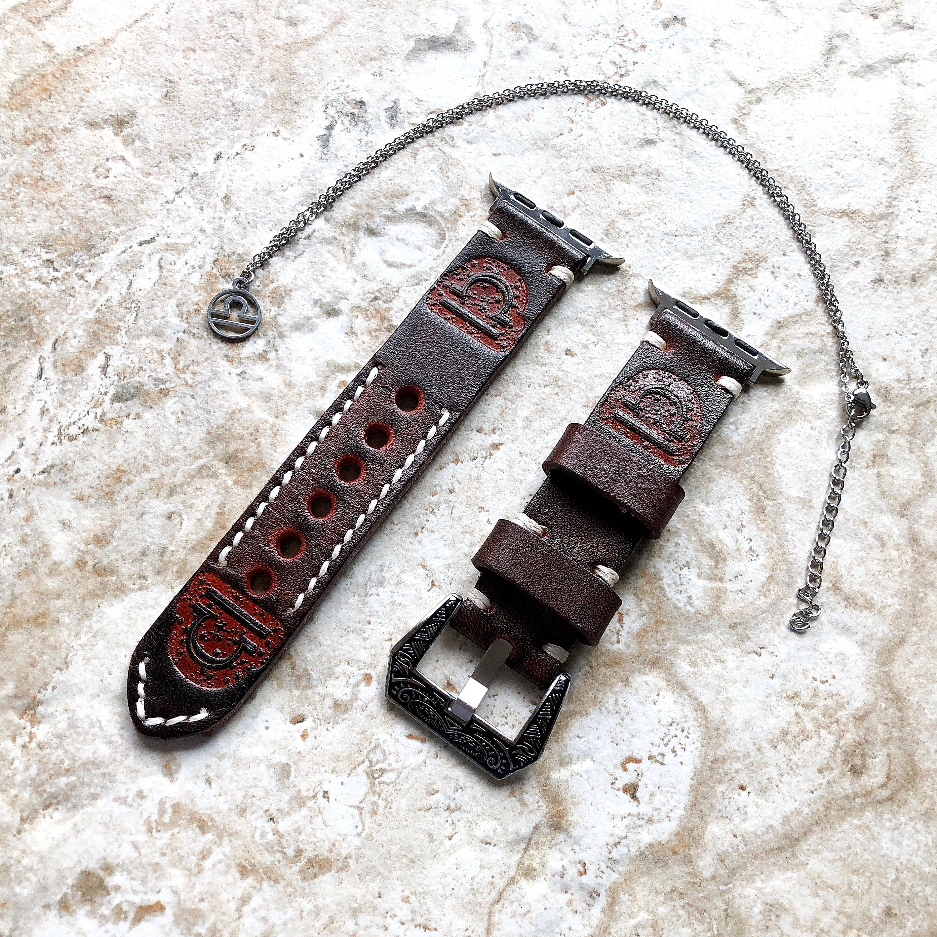 Apple Watch Libra Zodiac Band Set for iWatch Ultra 2 49mm and 9 8 Series 41mm 45mm Case Brown Leather Embossed Strap Bracelet & Necklace